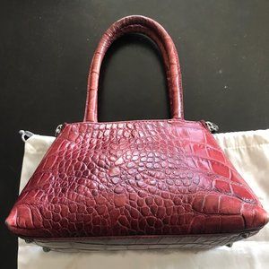 Furla Burgundy Leather Top Handle Bag Women's Handbag Side Zip Croc Embossed